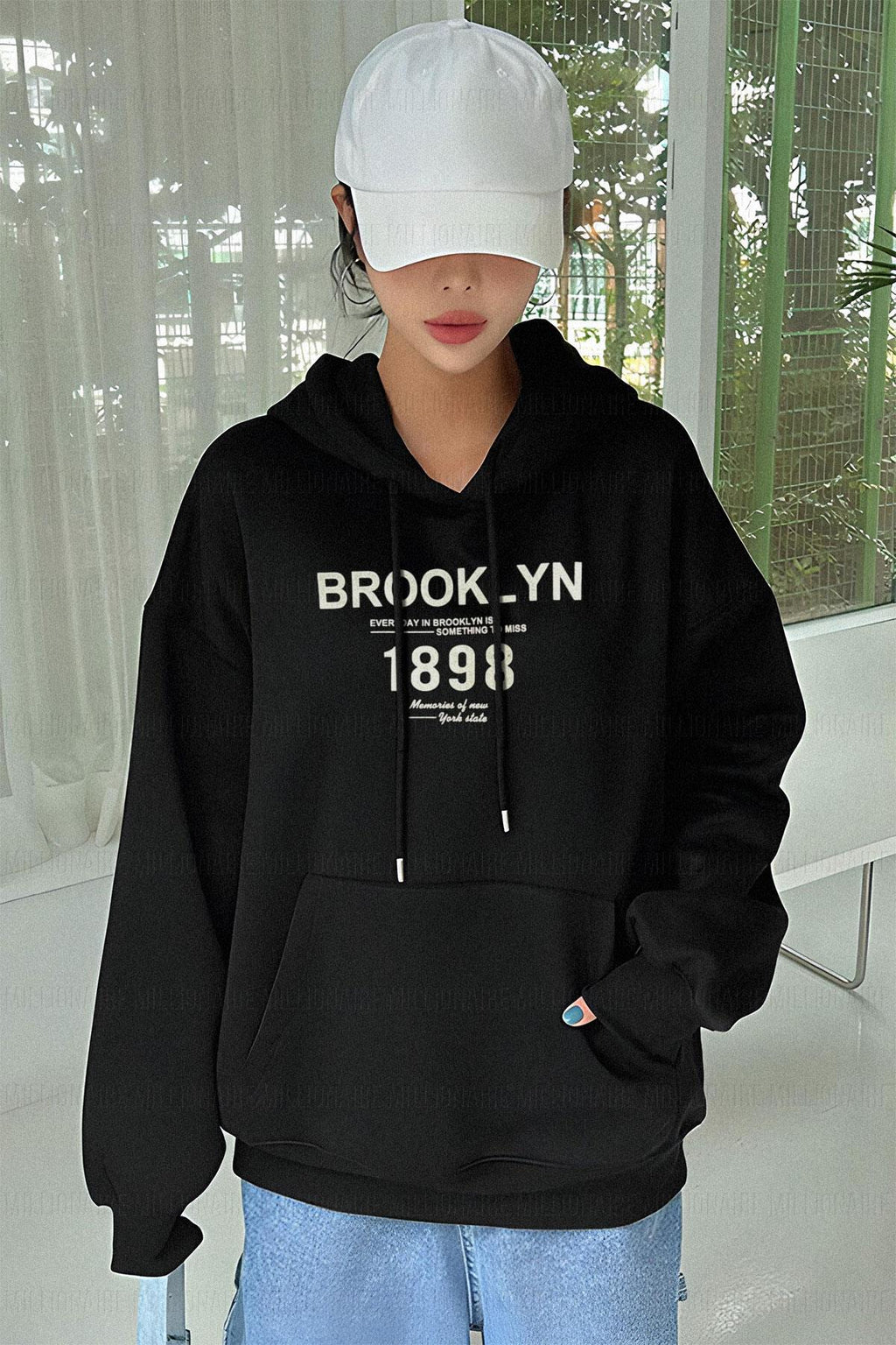 Kadın Siyah 1898 Baskılı Baskılı 3 iplik Şardonlu Kapüşonlu Oversize Salaş Bol Kesim Hoodie Sweatshirt