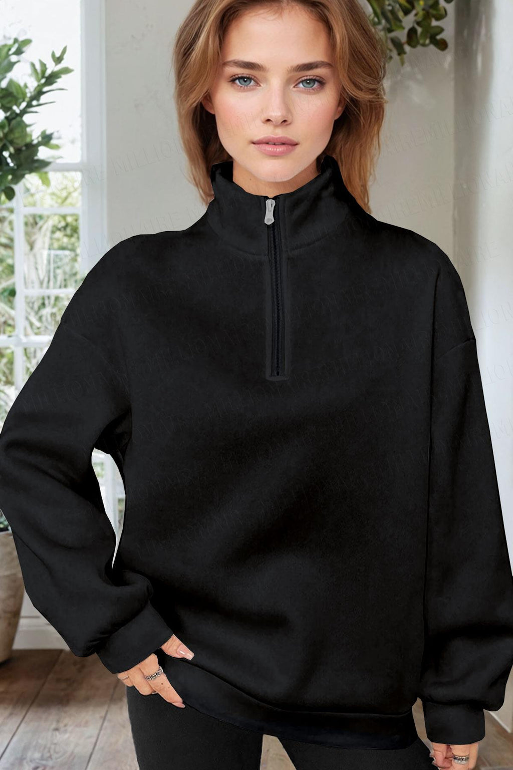 Kadın Siyah Balıkçı Yaka 3 Iplik Içi Polarlı Şardonlu Oversize Sweatshirt
