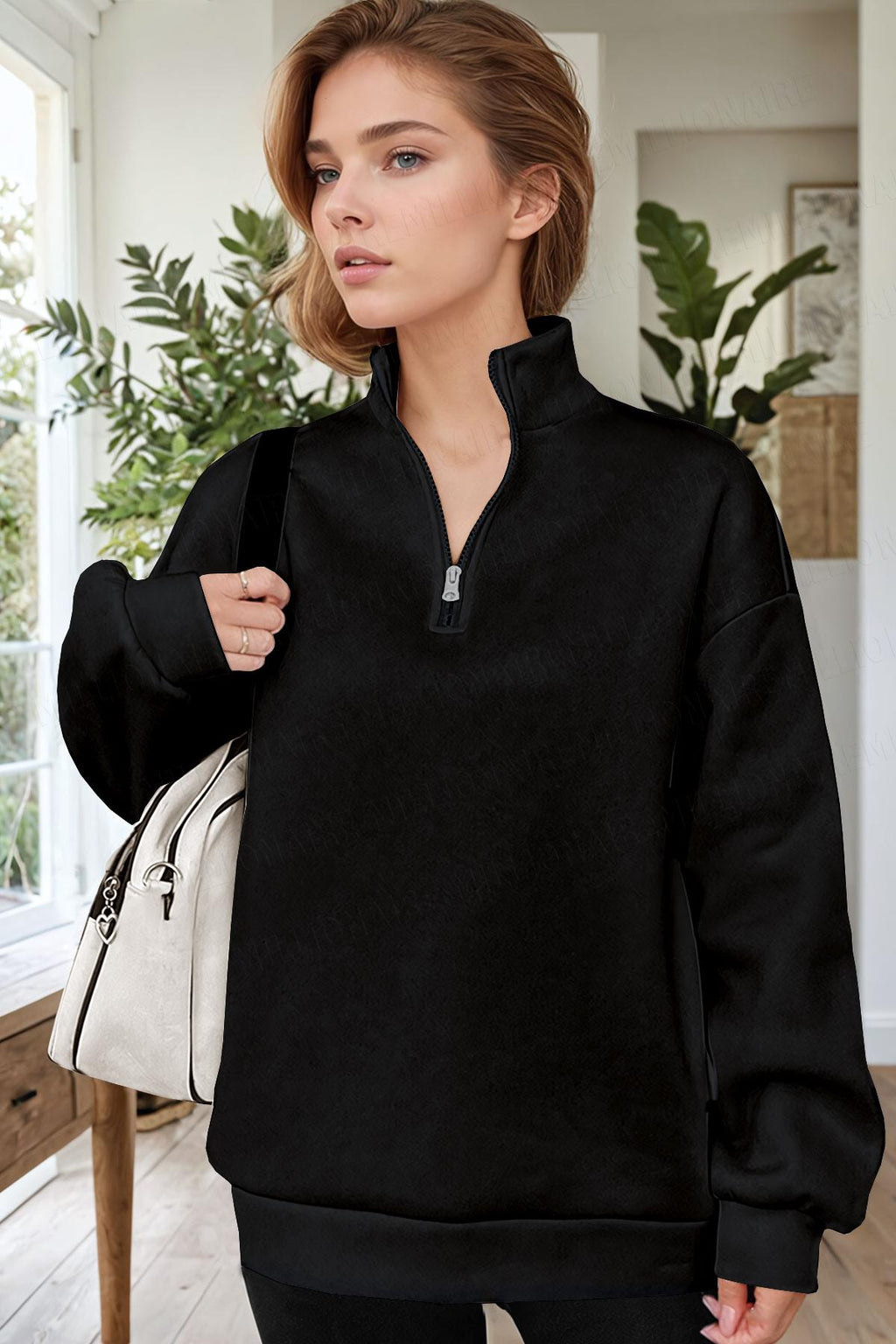 Kadın Siyah Balıkçı Yaka 3 Iplik Içi Polarlı Şardonlu Oversize Sweatshirt