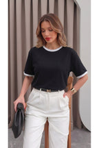 Kadın Siyah Beyaz Biye Garnili Orta Kalın Kumaş Bisiklet Yaka Yarım Oversize Salaş T-shirt