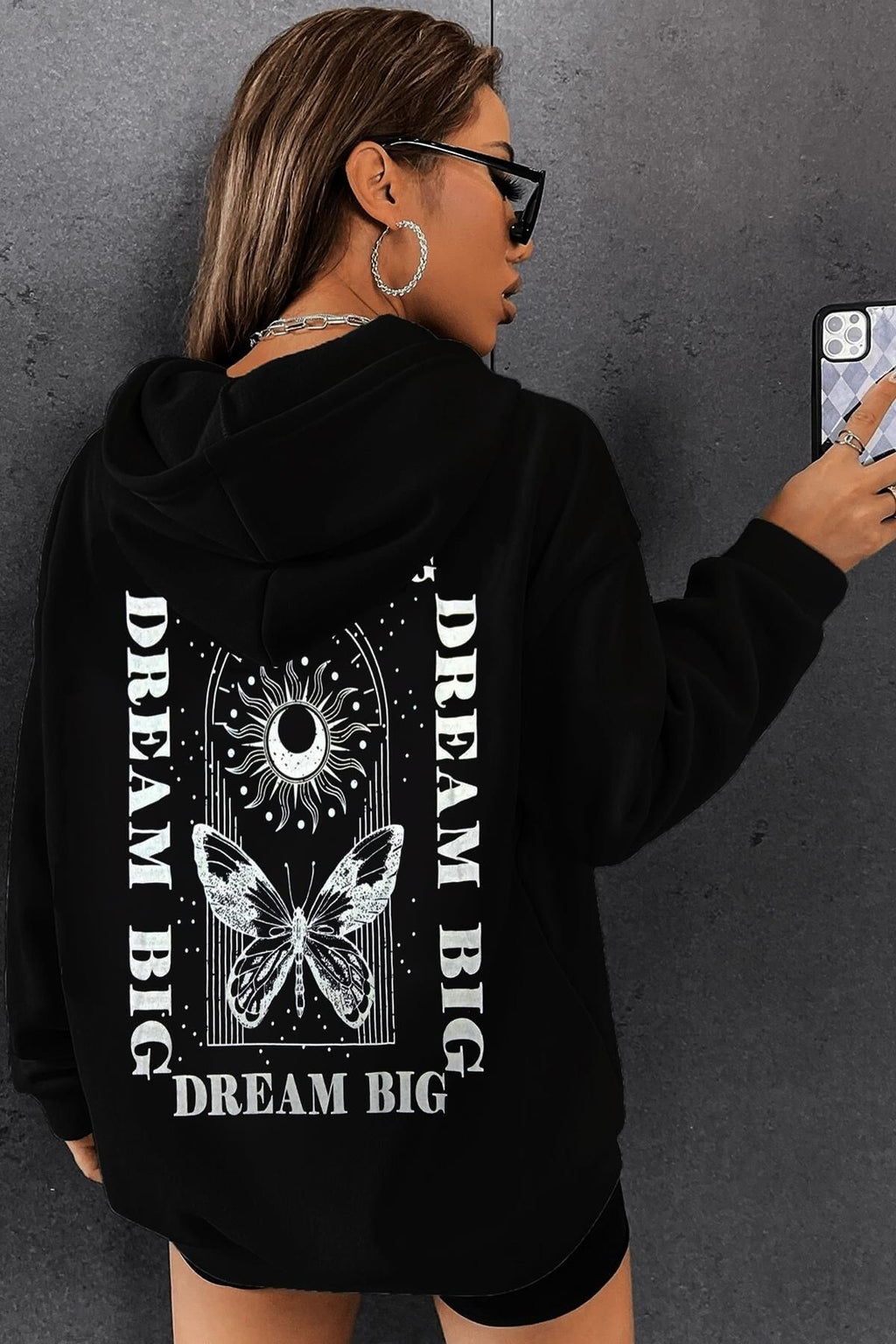 Kadın Siyah Dream Big Oversize Kapşonlu Kanguru Sweatshirt