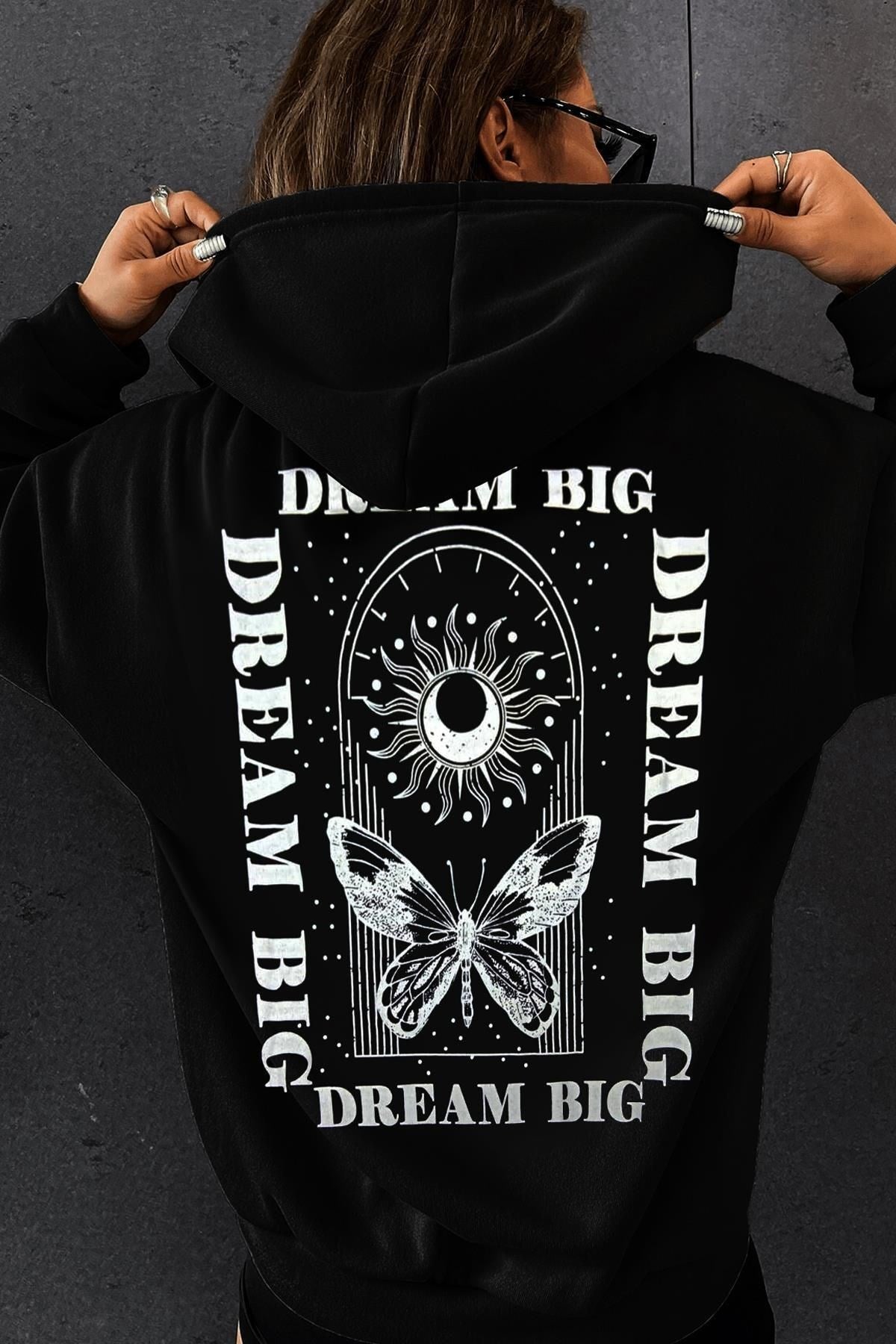 Kadın Siyah Dream Big Oversize Kapşonlu Kanguru Sweatshirt