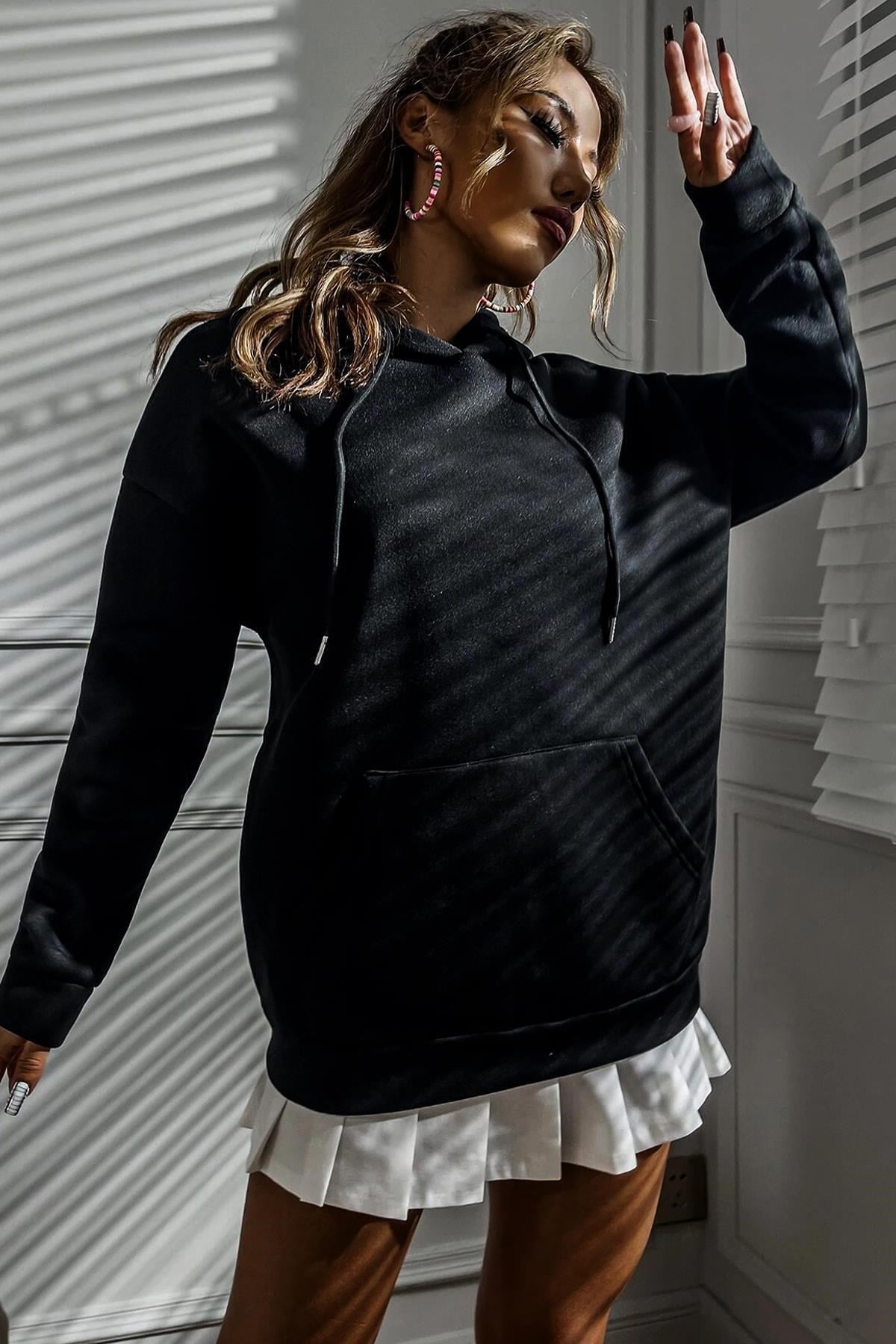 Kadın Siyah Dream Big Oversize Kapşonlu Kanguru Sweatshirt