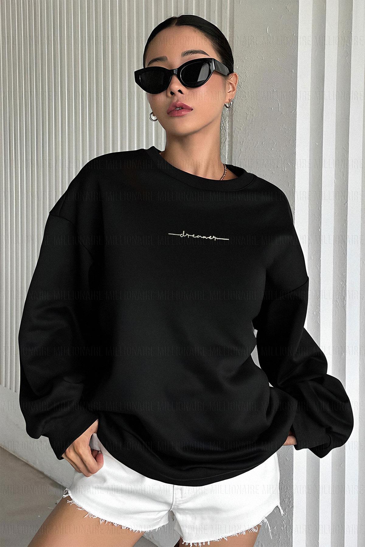 Kadın Siyah Dreamer Baskılı 0 Sıfır Yaka Oversize Salaş Bol Kesim Polar Sweatshirt