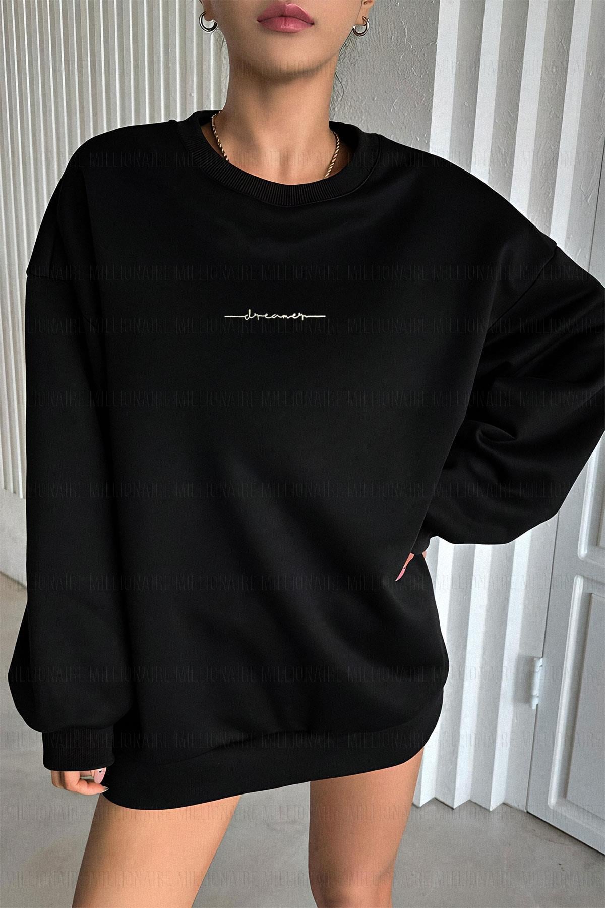 Kadın Siyah Dreamer Baskılı 0 Sıfır Yaka Oversize Salaş Bol Kesim Polar Sweatshirt
