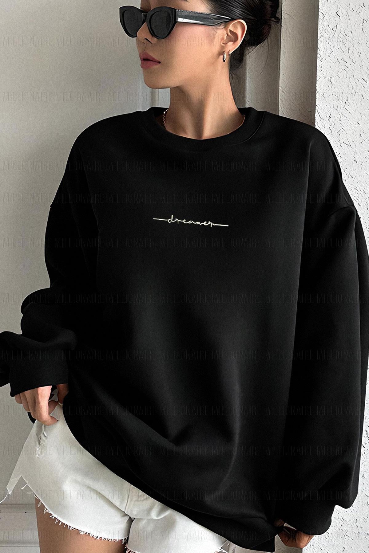 Kadın Siyah Dreamer Baskılı 0 Sıfır Yaka Oversize Salaş Bol Kesim Polar Sweatshirt
