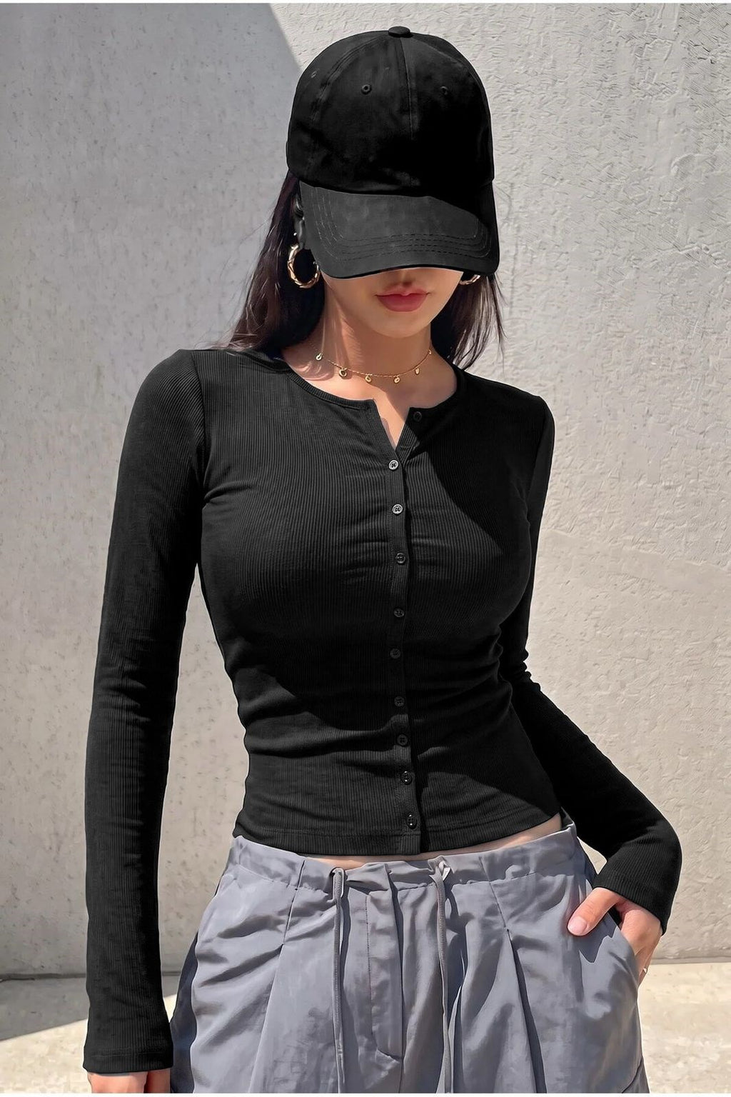 Kadın Siyah Fitilli Kaşkorse Tam Düğmeli Esnek Düğme Detaylı Uzun Kollu Bisiklet Yaka Hırka Bluz
