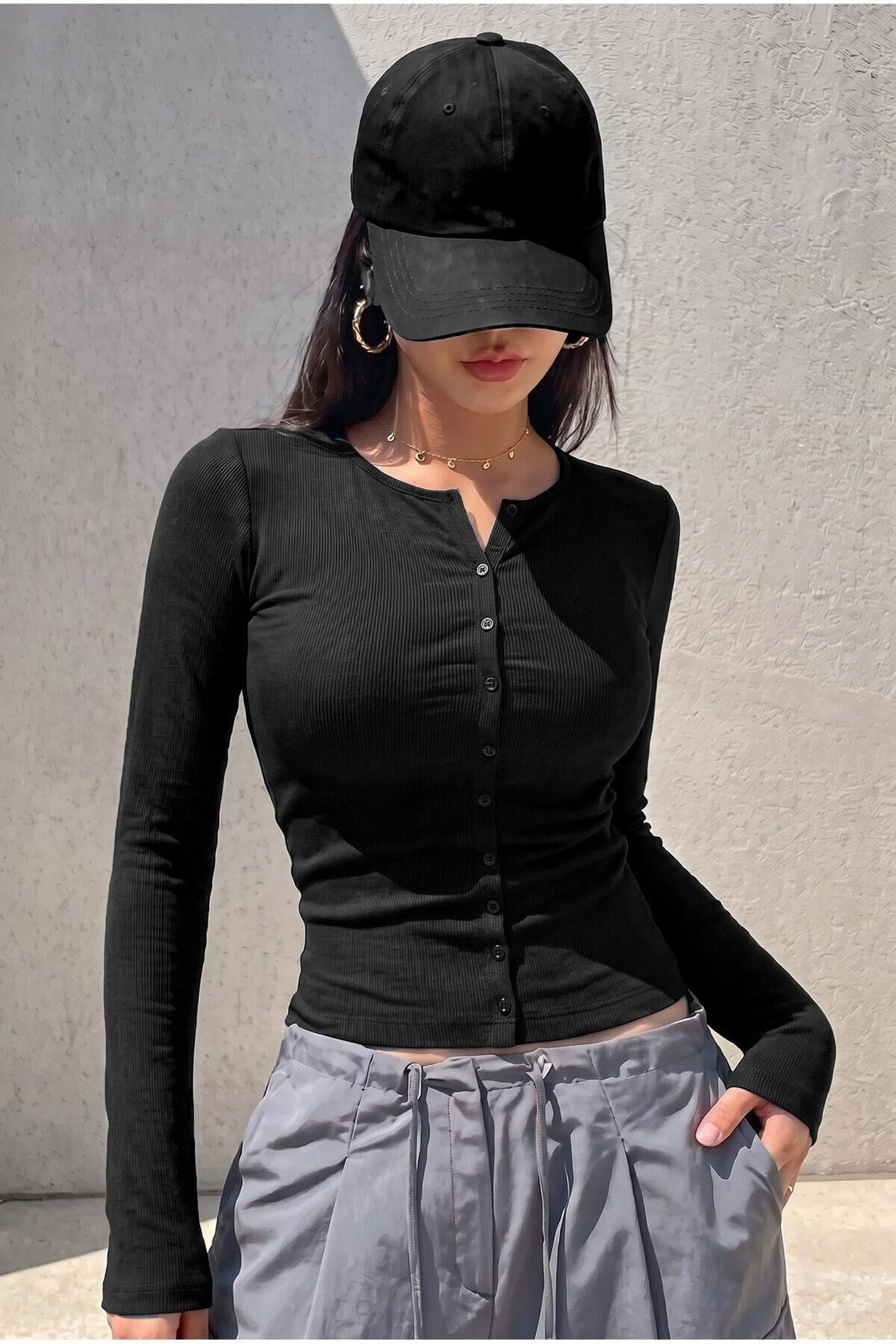 Kadın Siyah Fitilli Kaşkorse Tam Düğmeli Esnek Düğme Detaylı Uzun Kollu Bisiklet Yaka Hırka Bluz