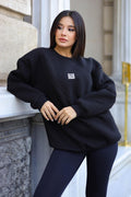 Kadın Siyah Free Life Baskılı 0 Sıfır Yaka Oversize Salaş Bol Kesim Polar Sweatshirt