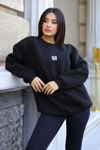Kadın Siyah Free Life Baskılı 0 Sıfır Yaka Oversize Salaş Bol Kesim Polar Sweatshirt