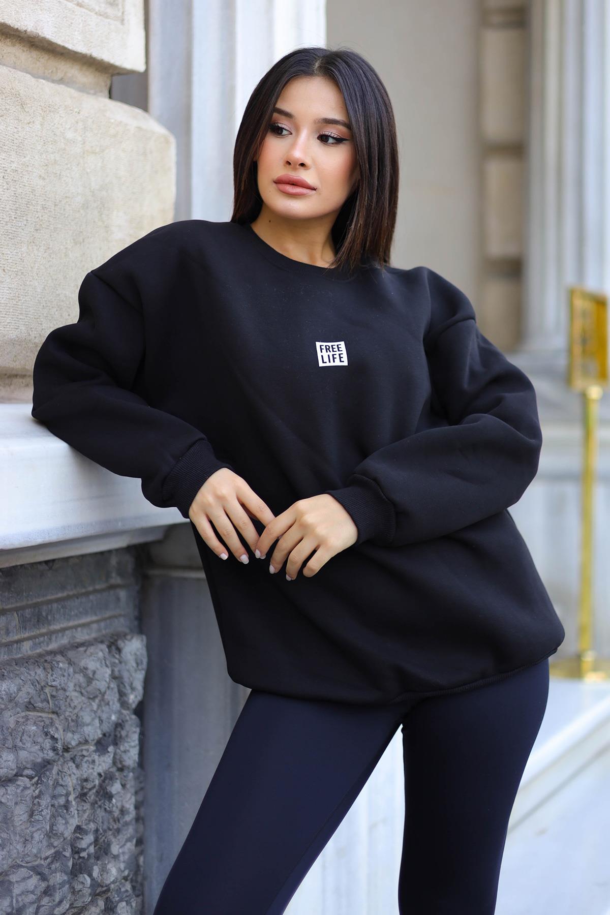Kadın Siyah Free Life Baskılı 0 Sıfır Yaka Oversize Salaş Bol Kesim Polar Sweatshirt