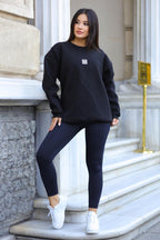 Kadın Siyah Free Life Baskılı 0 Sıfır Yaka Oversize Salaş Bol Kesim Polar Sweatshirt