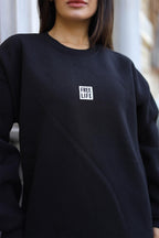 Kadın Siyah Free Life Baskılı 0 Sıfır Yaka Oversize Salaş Bol Kesim Polar Sweatshirt