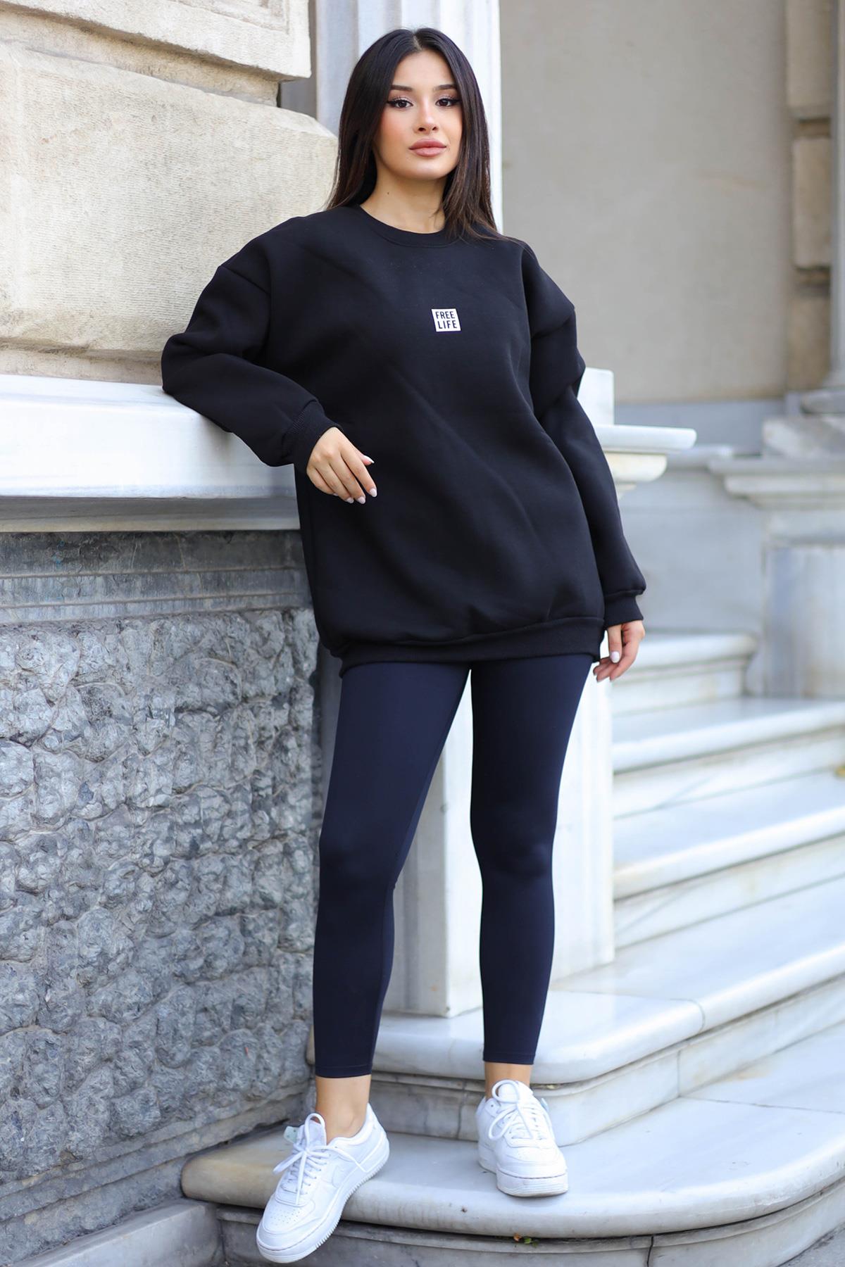 Kadın Siyah Free Life Baskılı 0 Sıfır Yaka Oversize Salaş Bol Kesim Polar Sweatshirt