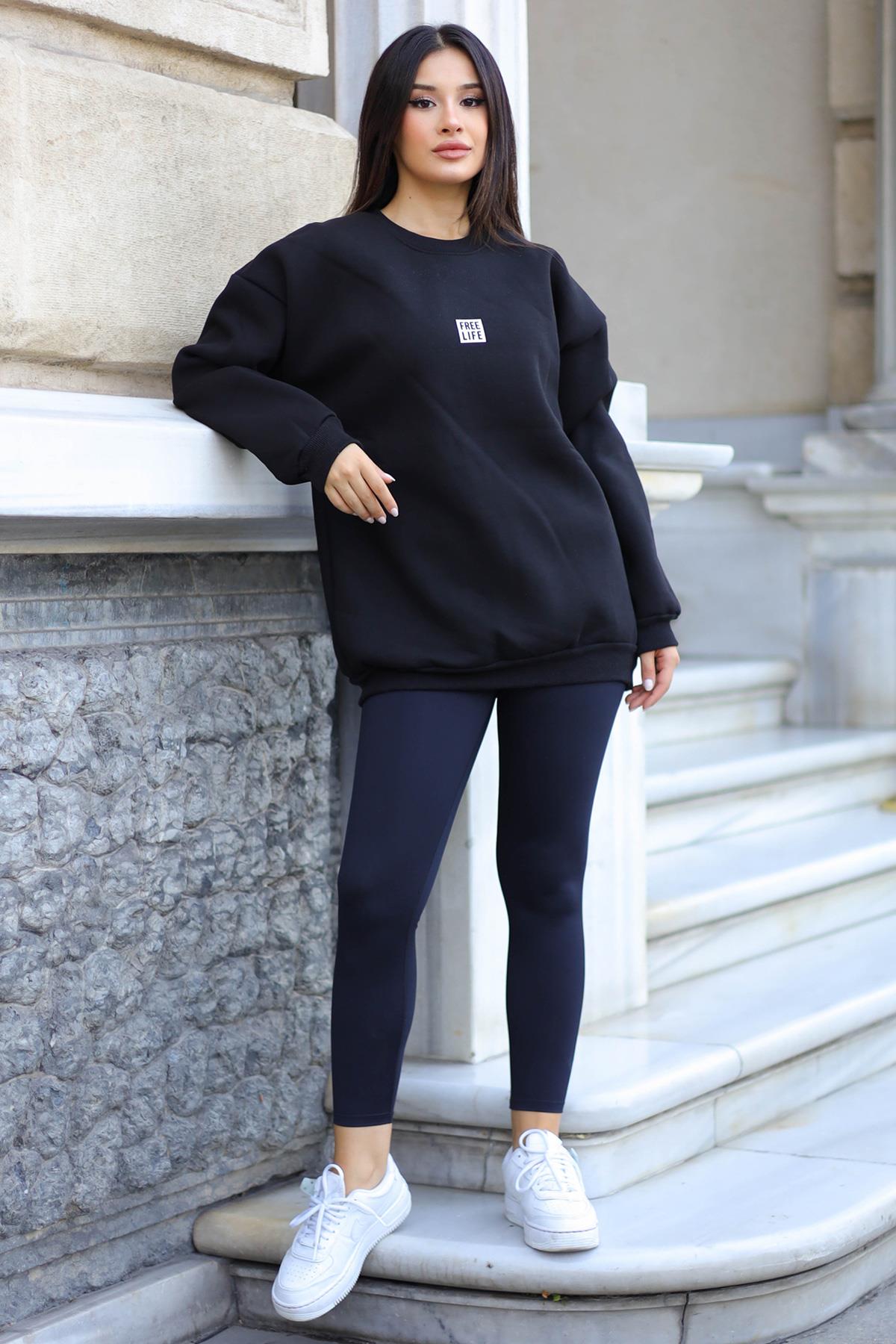 Kadın Siyah Free Life Baskılı 0 Sıfır Yaka Oversize Salaş Bol Kesim Polar Sweatshirt