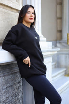 Kadın Siyah Free Life Baskılı 0 Sıfır Yaka Oversize Salaş Bol Kesim Polar Sweatshirt