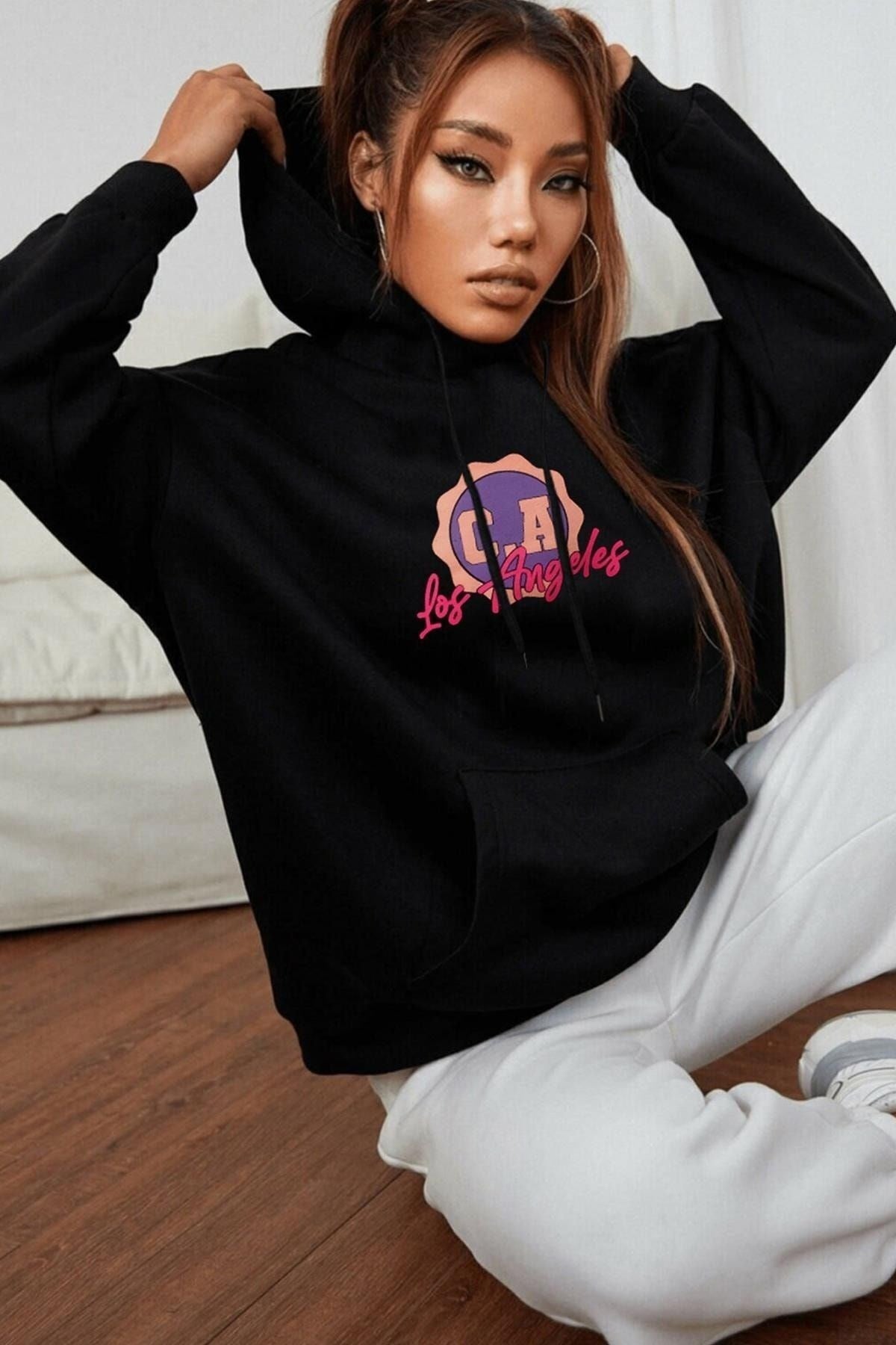 Kadın Siyah Los Angeles Kanguru Kapüşonlu Sweatshirt