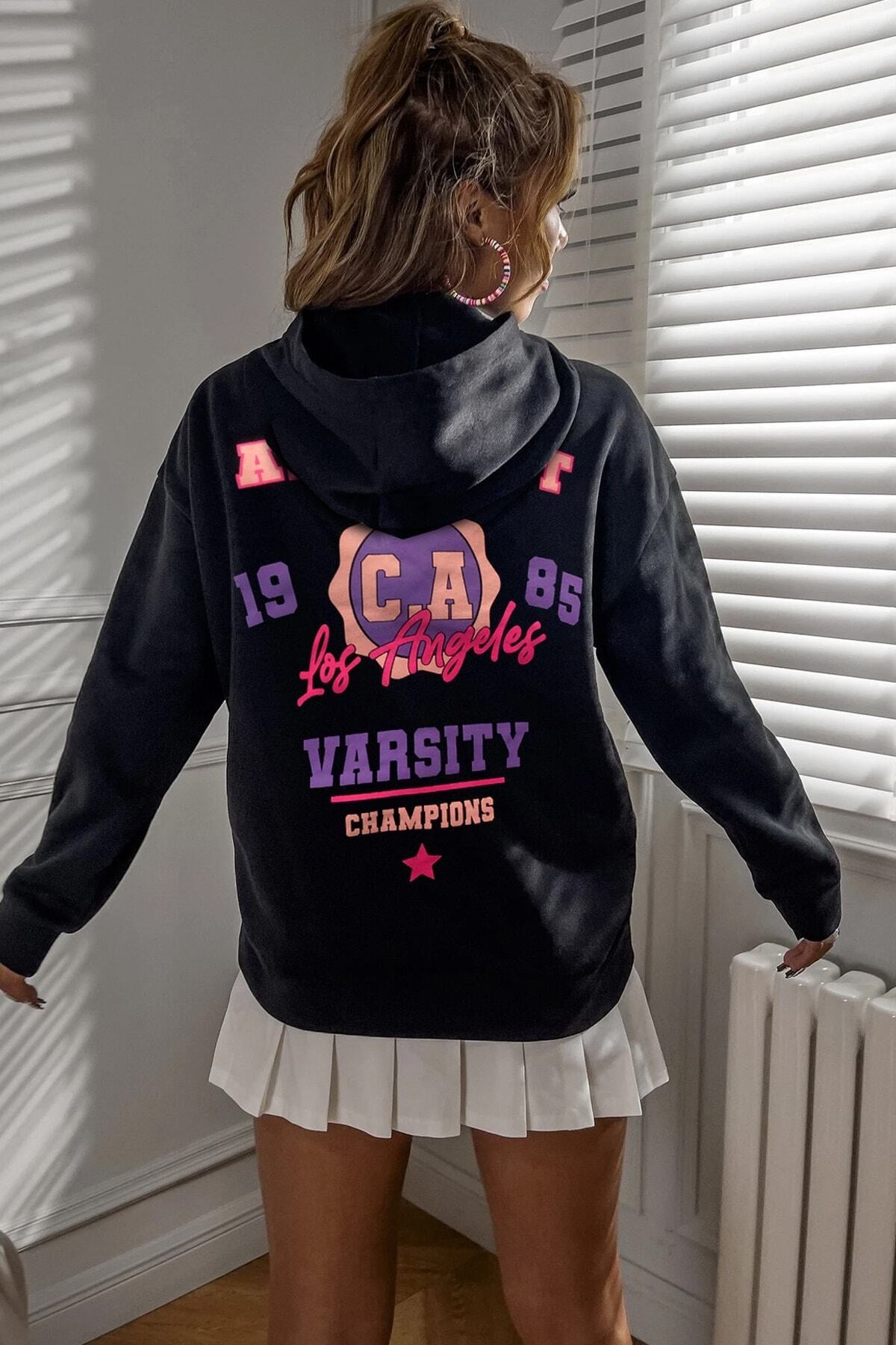 Kadın Siyah Los Angeles Kanguru Kapüşonlu Sweatshirt