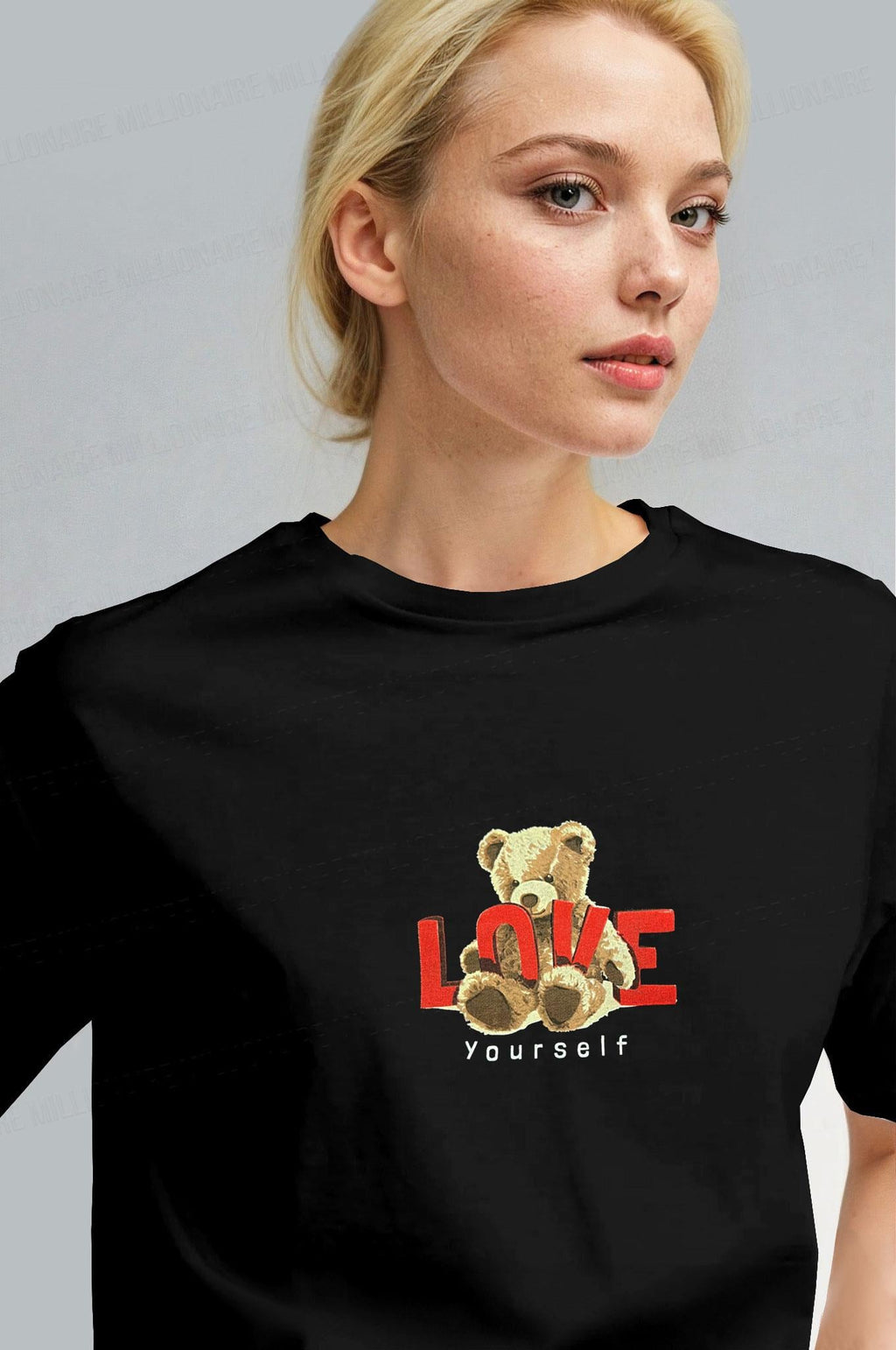 Kadın Siyah Love Ayıcık Teddy Bear Baskı Regular Fit Normal Kalıp T-shirt
