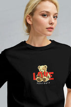 Kadın Siyah Love Ayıcık Teddy Bear Baskı Regular Fit Normal Kalıp T-shirt