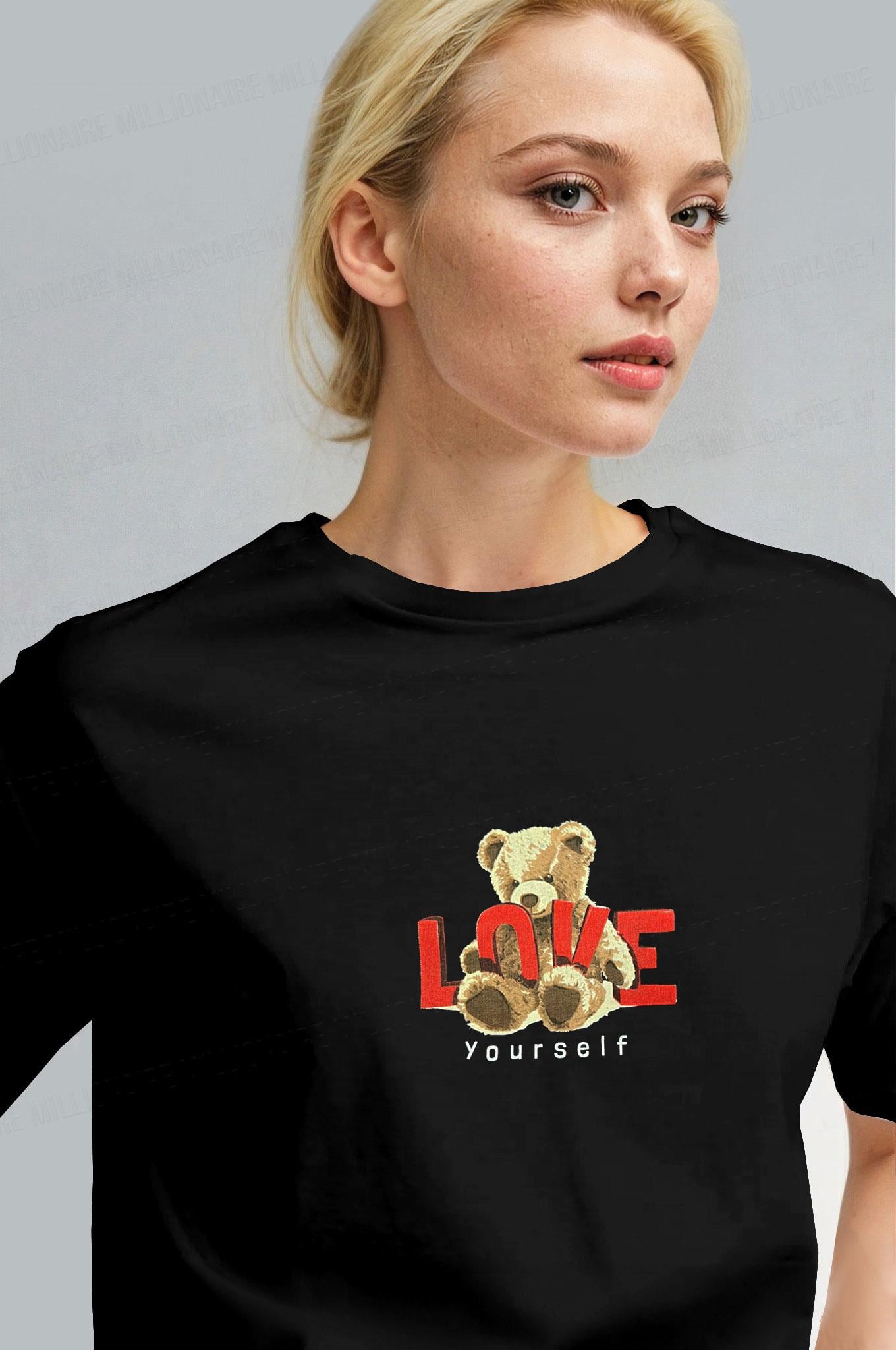 Kadın Siyah Love Ayıcık Teddy Bear Baskı Regular Fit Normal Kalıp T-shirt