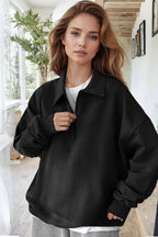 Kadın Siyah Melanj Yarım Fermuar Polo Yaka Oversize Salaş Bol Kesim Polar Sweatshirt