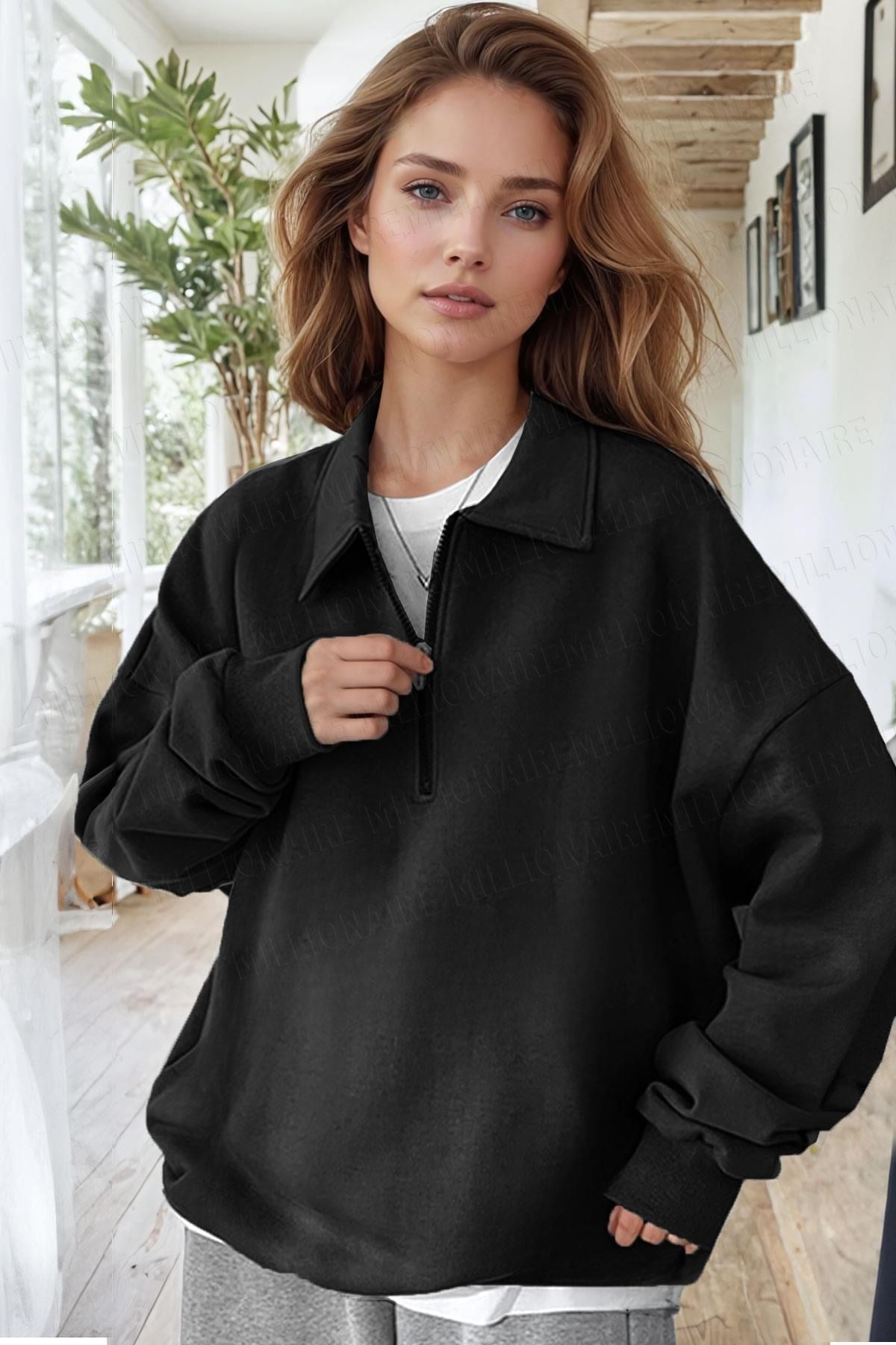 Kadın Siyah Melanj Yarım Fermuar Polo Yaka Oversize Salaş Bol Kesim Polar Sweatshirt