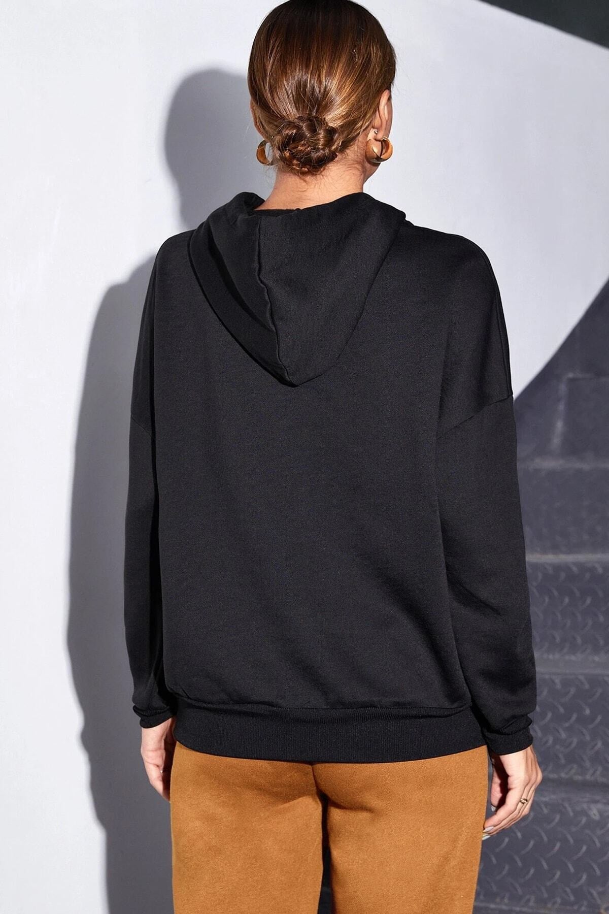 Kadın Siyah Sun And Moon Oversize Kapüşonlu Kanguru Sweatshirt