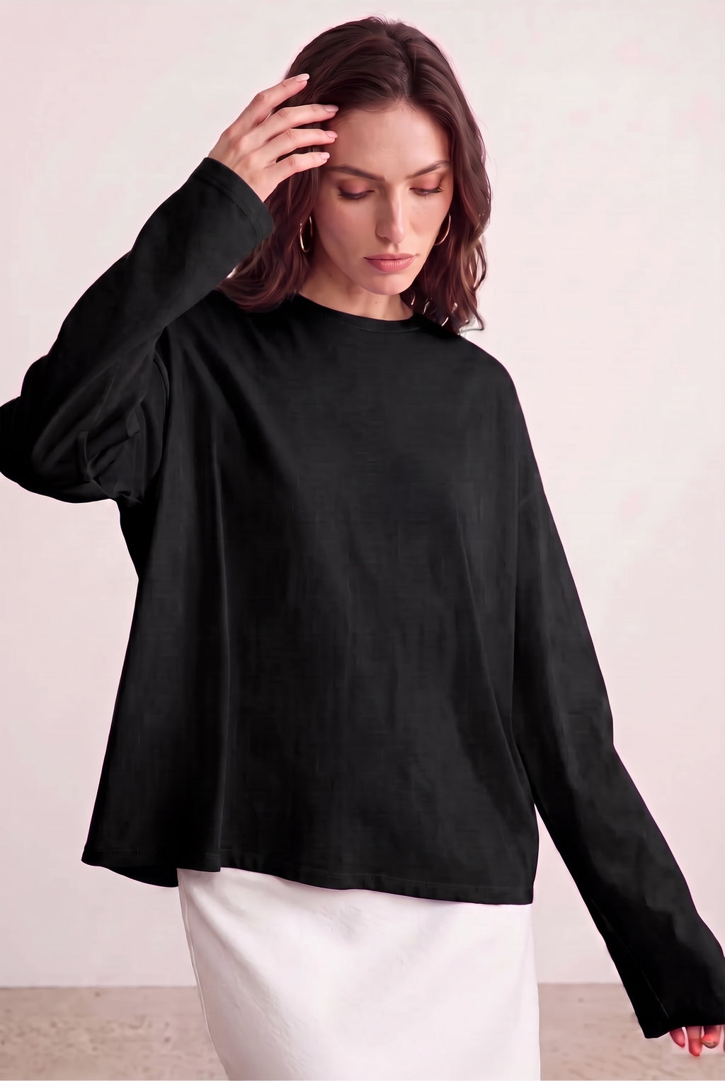 Kadın Siyah T-shirt Geniş Kol Bisiklet Yaka Uzun Kollu Tişört