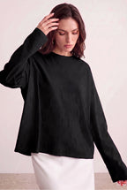 Kadın Siyah T-shirt Geniş Kol Bisiklet Yaka Uzun Kollu Tişört