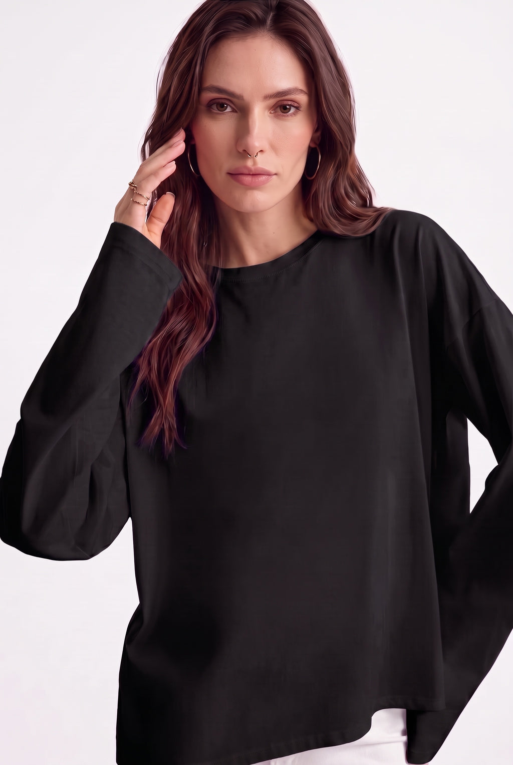 Kadın Siyah T-shirt Geniş Kol Bisiklet Yaka Uzun Kollu Tişört