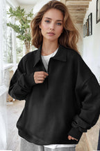 Kadın Siyah Yarım Fermuar Polo Yaka 3 İplik İçi Polarlı Şardonlu Oversize Sweatshirt
