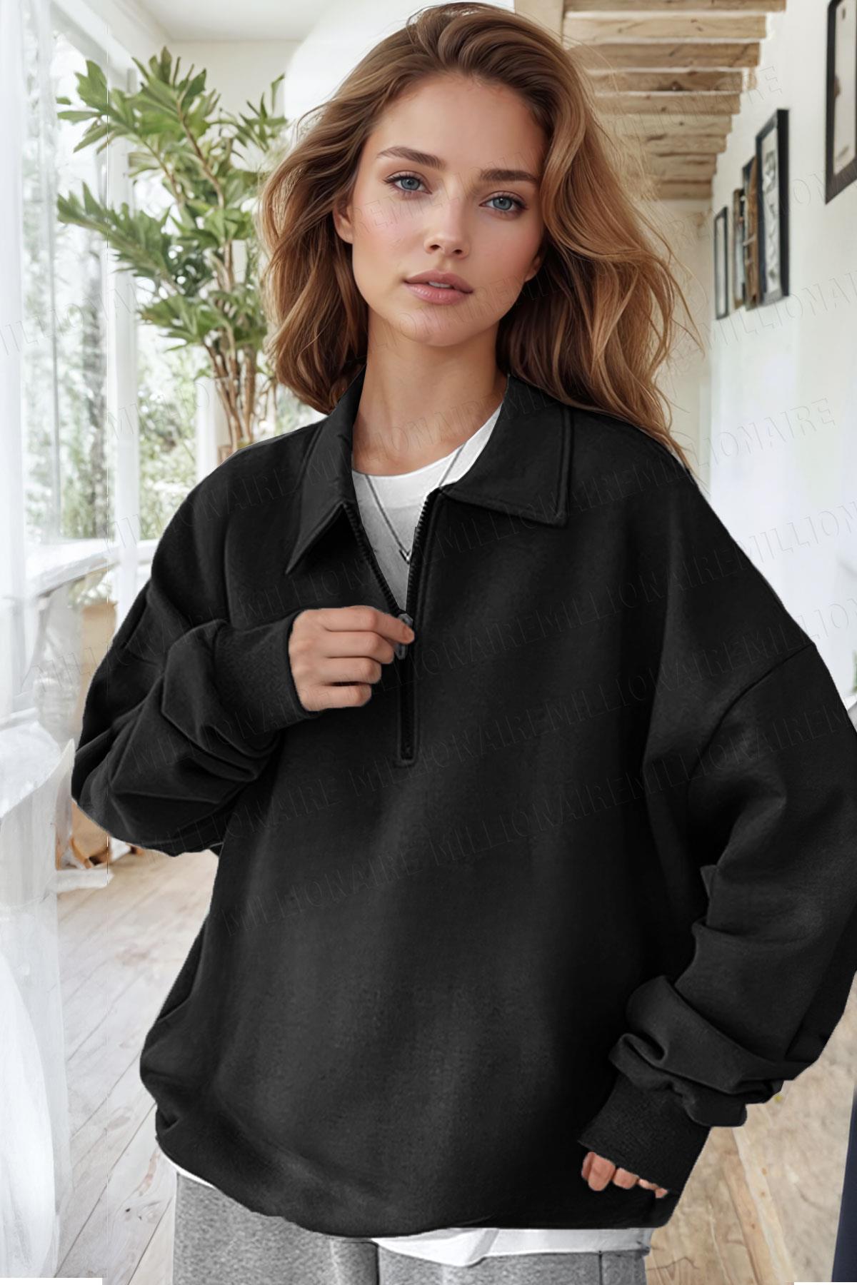 Kadın Siyah Yarım Fermuar Polo Yaka 3 İplik İçi Polarlı Şardonlu Oversize Sweatshirt