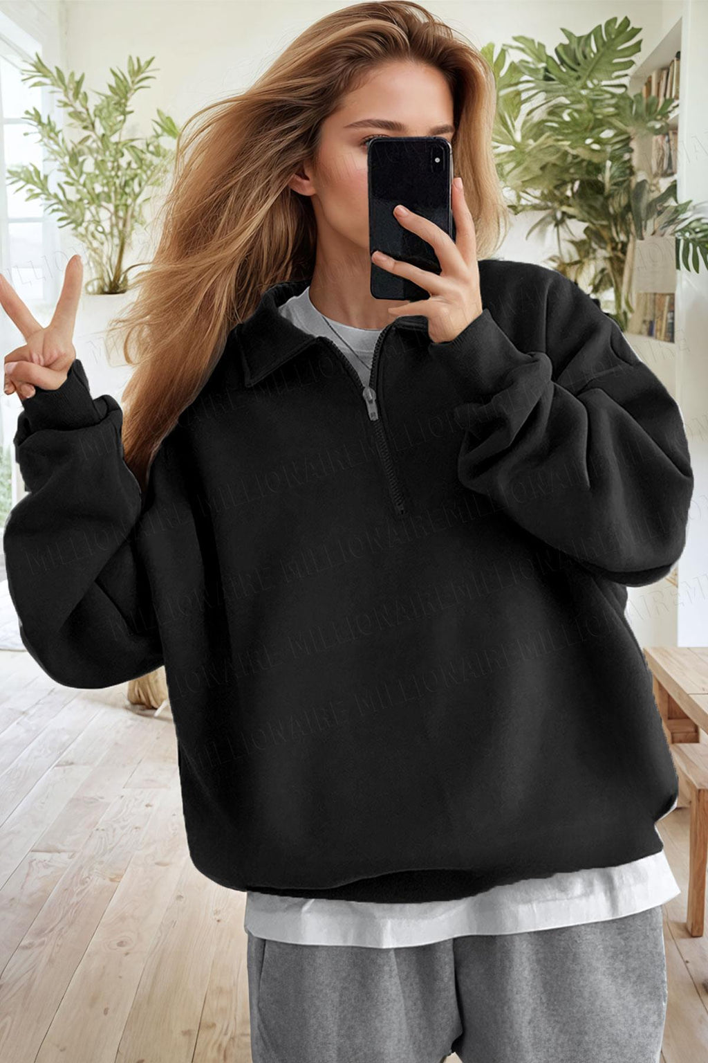 Kadın Siyah Yarım Fermuar Polo Yaka 3 İplik İçi Polarlı Şardonlu Oversize Sweatshirt