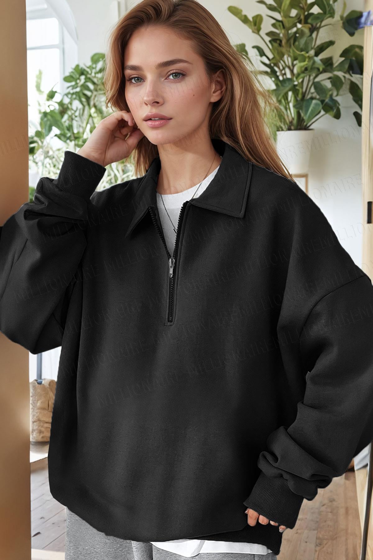 Kadın Siyah Yarım Fermuar Polo Yaka 3 İplik İçi Polarlı Şardonlu Oversize Sweatshirt