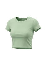 Kadın Su Yeşil Bisiklet Yaka Likralı Kısa Kol Body Crop T-Shirt