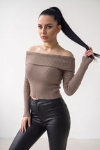Kadın Vizon Madonna Yarı Crop Fitilli Bluz Kazak