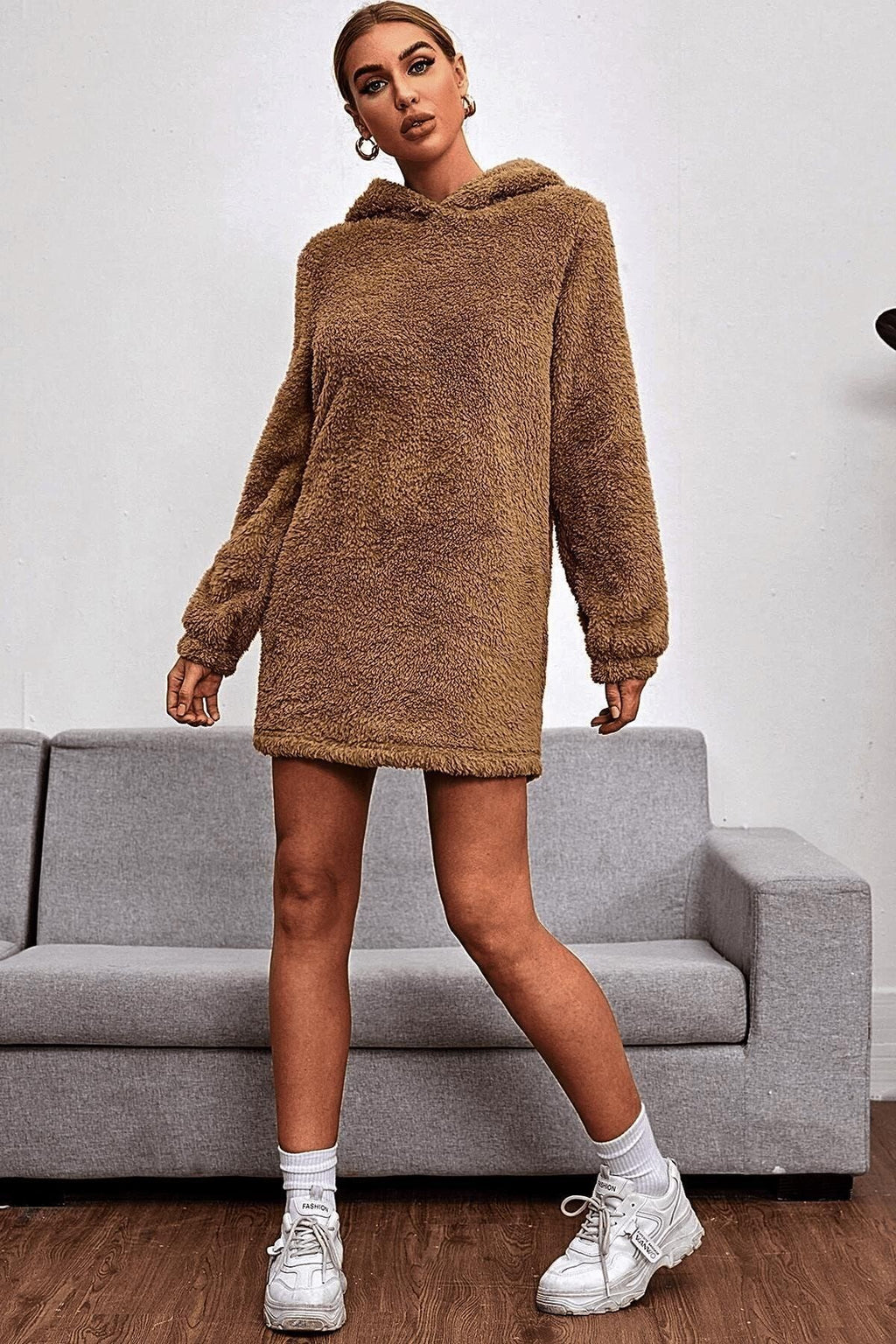 Kahverengi Kapşonlu Teddy Peluş Sweatshirt