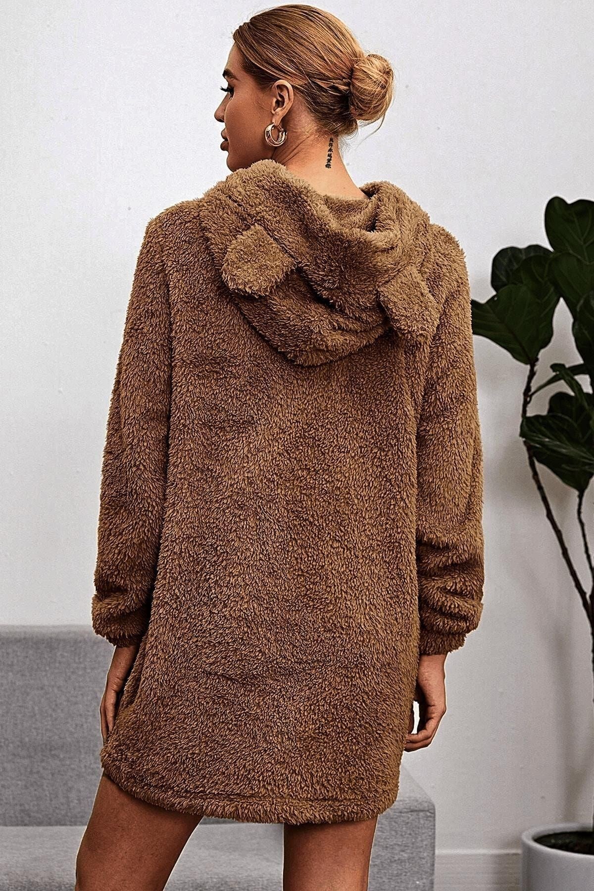 Kahverengi Kapşonlu Teddy Peluş Sweatshirt