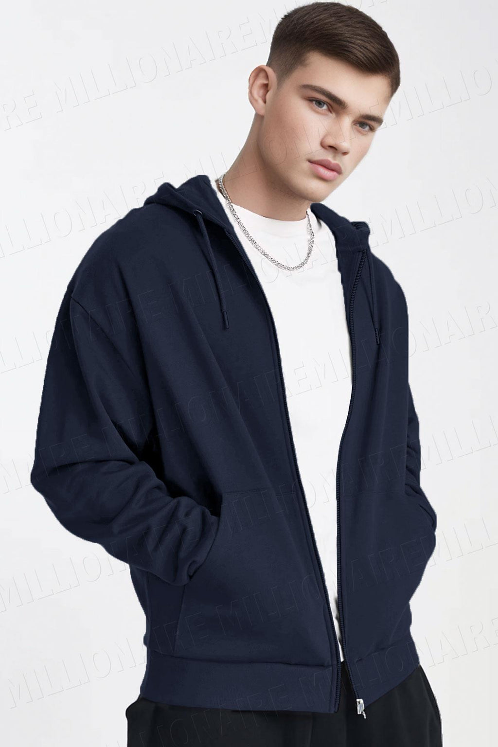 Erkek Lacivert Kapüşonlu Fermuarlı 3 Üç İplik Polar Kanguru Oversize Sweatshirt Zip Up Hoodie