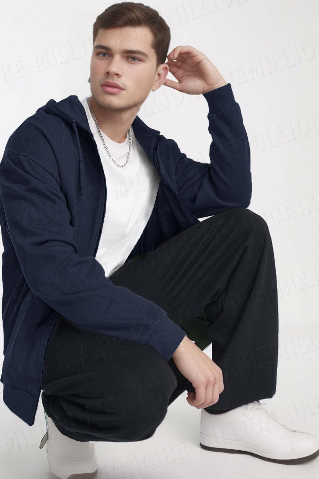 Erkek Lacivert Kapüşonlu Fermuarlı 3 Üç İplik Polar Kanguru Oversize Sweatshirt Zip Up Hoodie