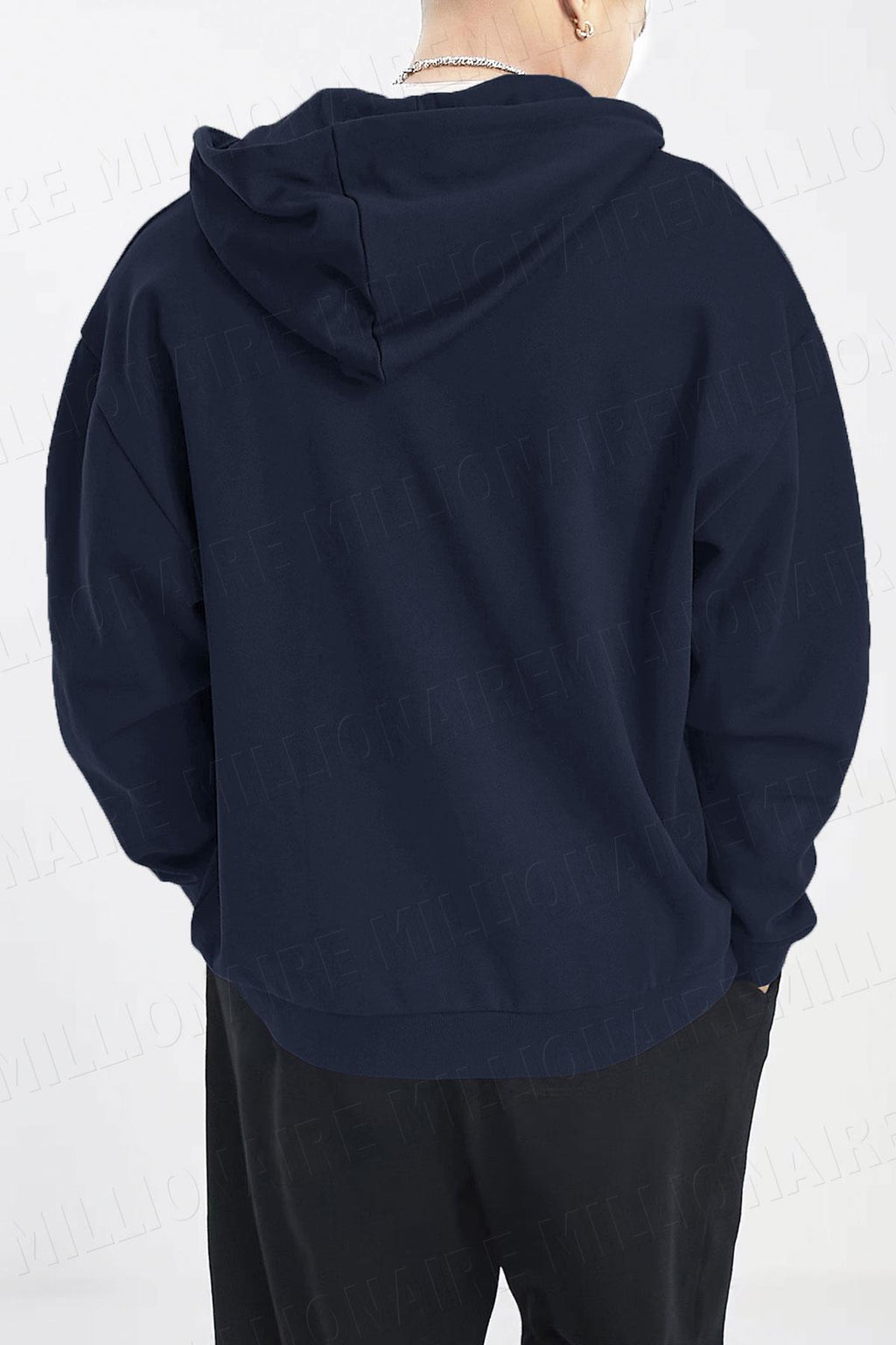 Erkek Lacivert Kapüşonlu Fermuarlı 3 Üç İplik Polar Kanguru Oversize Sweatshirt Zip Up Hoodie