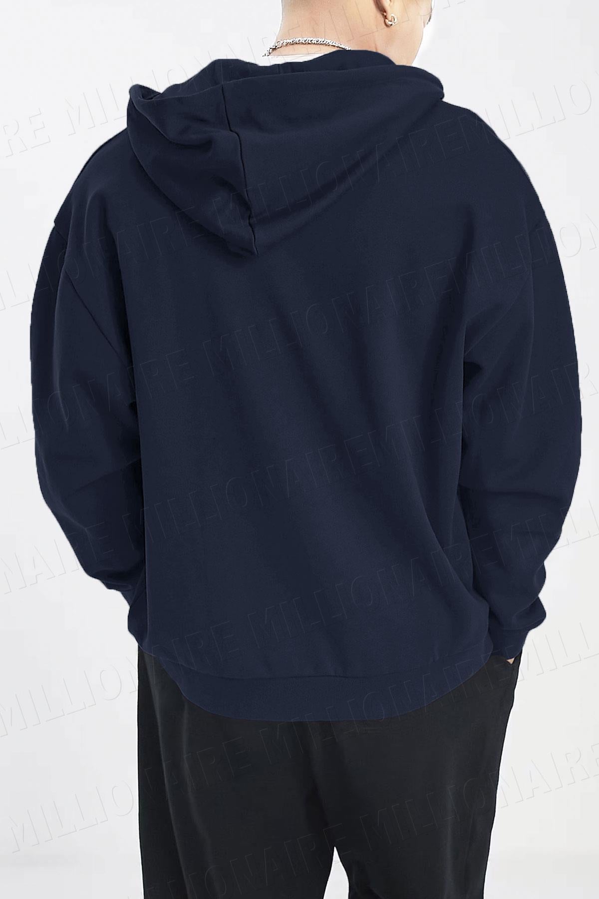 Erkek Lacivert Kapüşonlu Fermuarlı 3 Üç İplik Polar Kanguru Oversize Sweatshirt Zip Up Hoodie