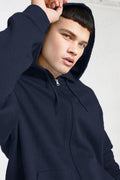 Erkek Lacivert Kapüşonlu Fermuarlı 3 Üç İplik Polar Kanguru Oversize Sweatshirt Zip Up Hoodie