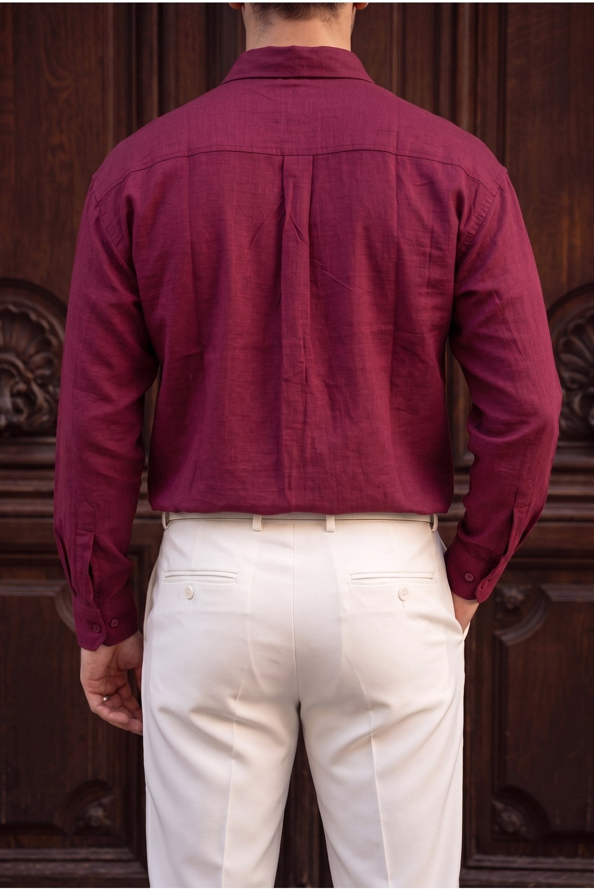 Lizbon Erkek Bordo Renkli Yarım Oversize Keten Gömlek