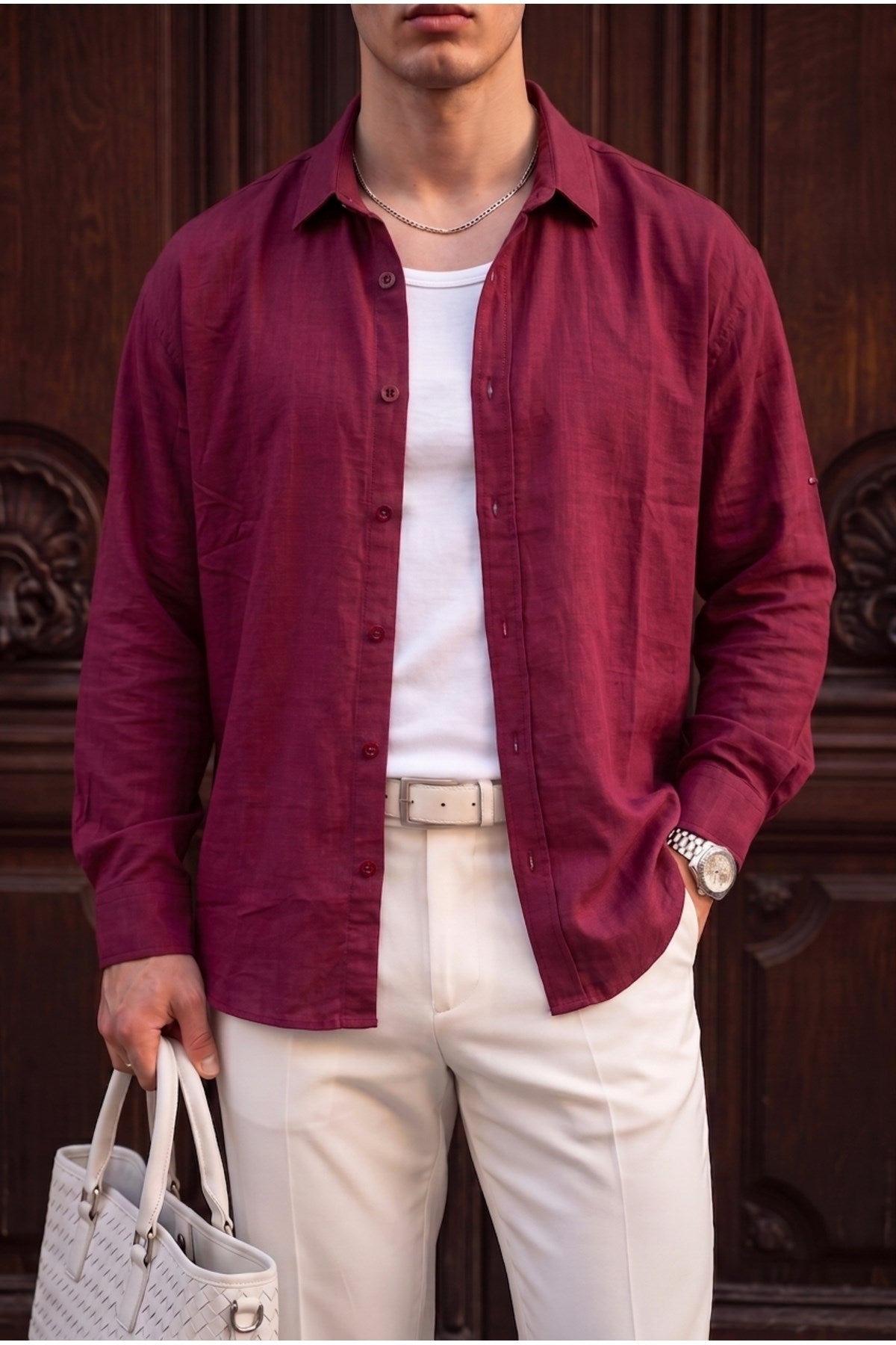 Lizbon Erkek Bordo Renkli Yarım Oversize Keten Gömlek