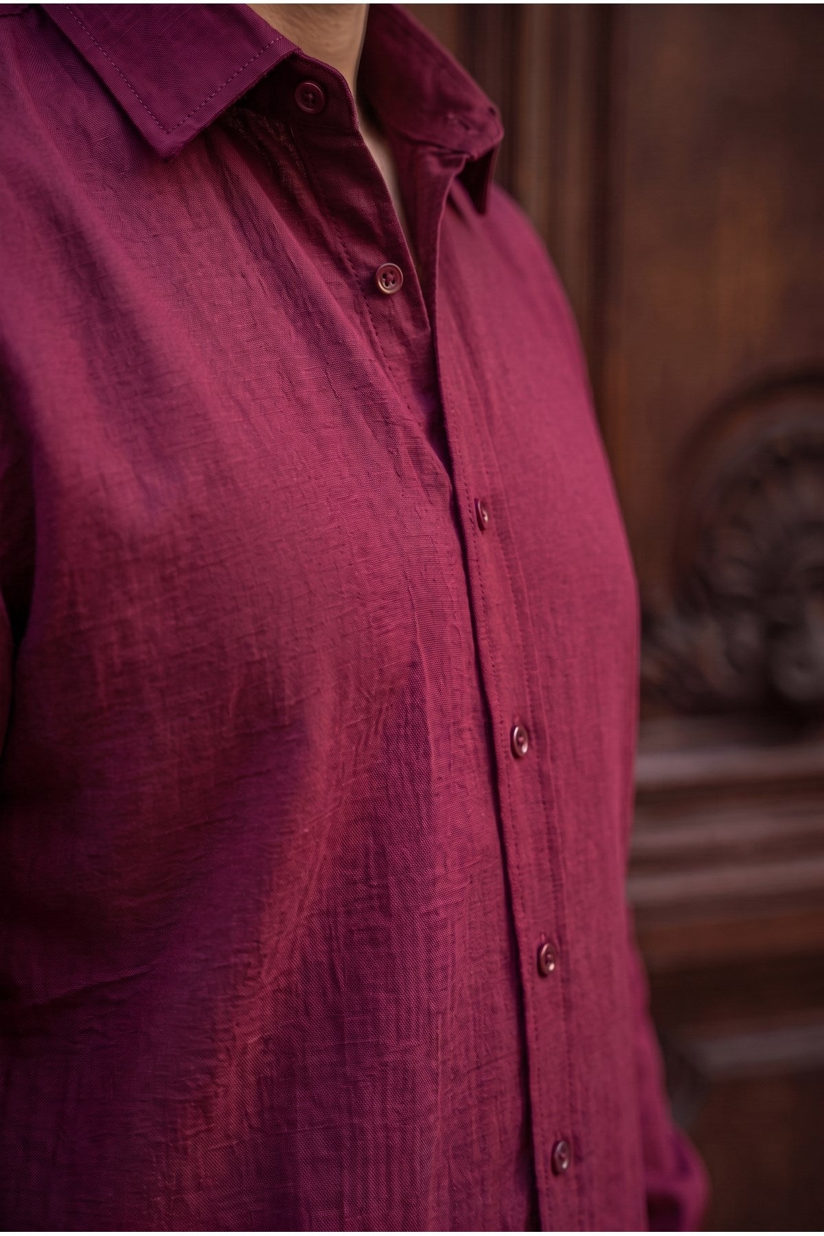 Lizbon Erkek Bordo Renkli Yarım Oversize Keten Gömlek