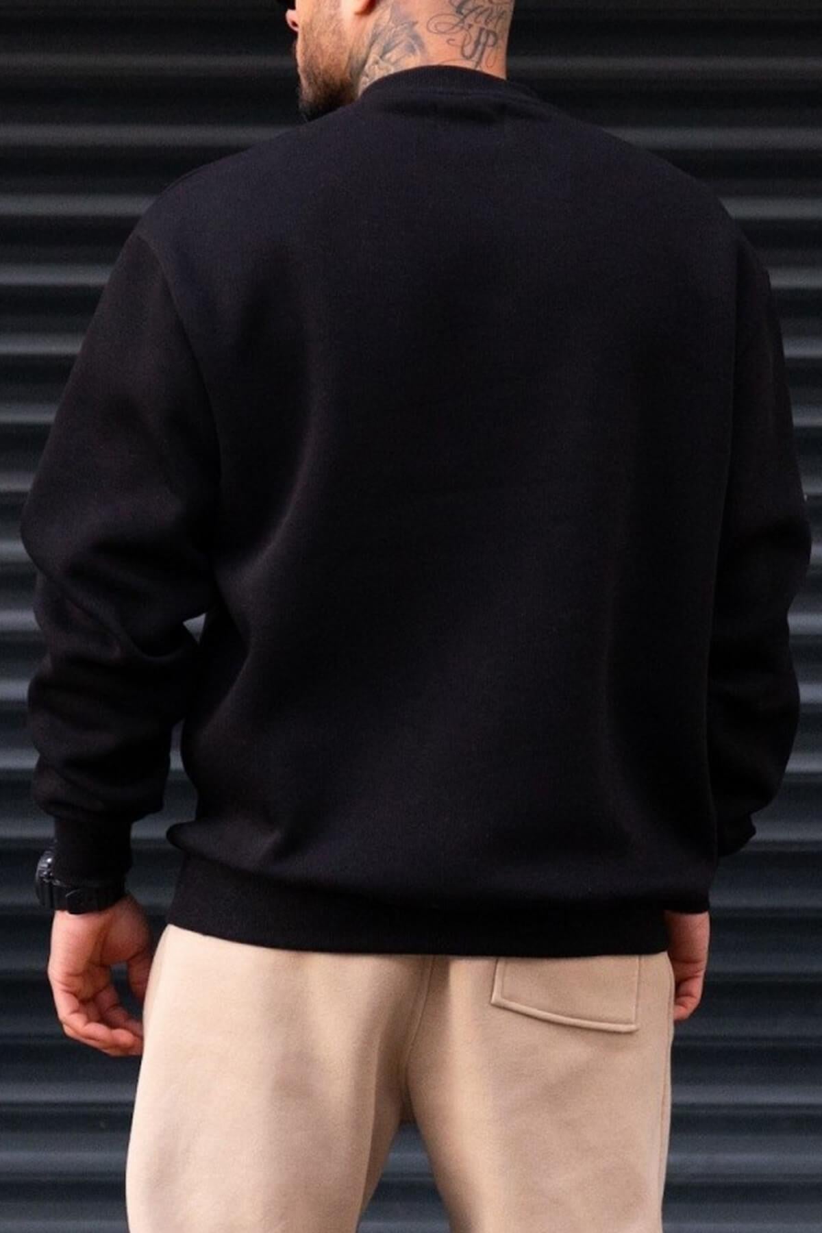 Erkek Düz Siyah Basic Baskısız Sıfır Bisiklet Yaka Oversize Salaş Sweatshirt Sweat