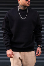 Erkek Düz Siyah Basic Baskısız Sıfır Bisiklet Yaka Oversize Salaş Sweatshirt Sweat