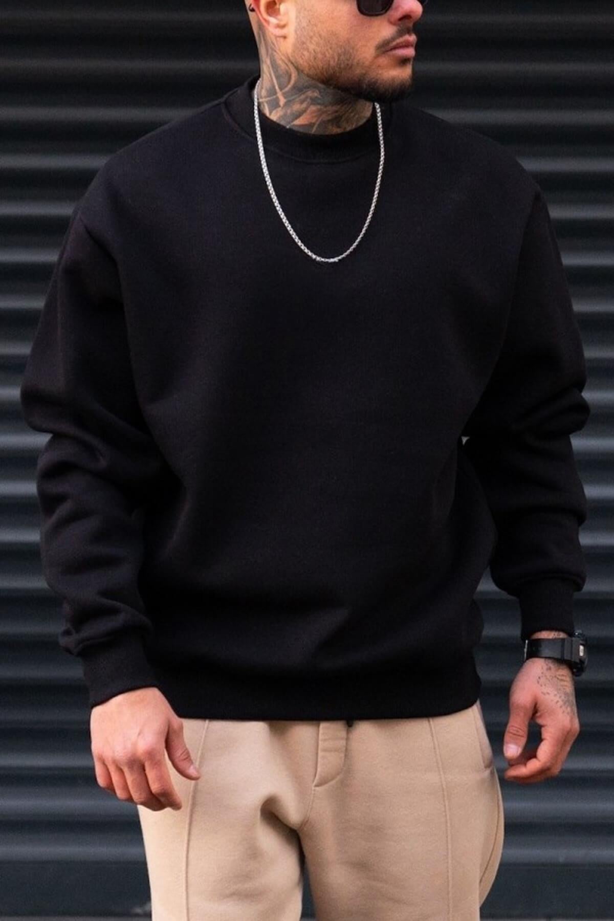 Erkek Düz Siyah Basic Baskısız Sıfır Bisiklet Yaka Oversize Salaş Sweatshirt Sweat